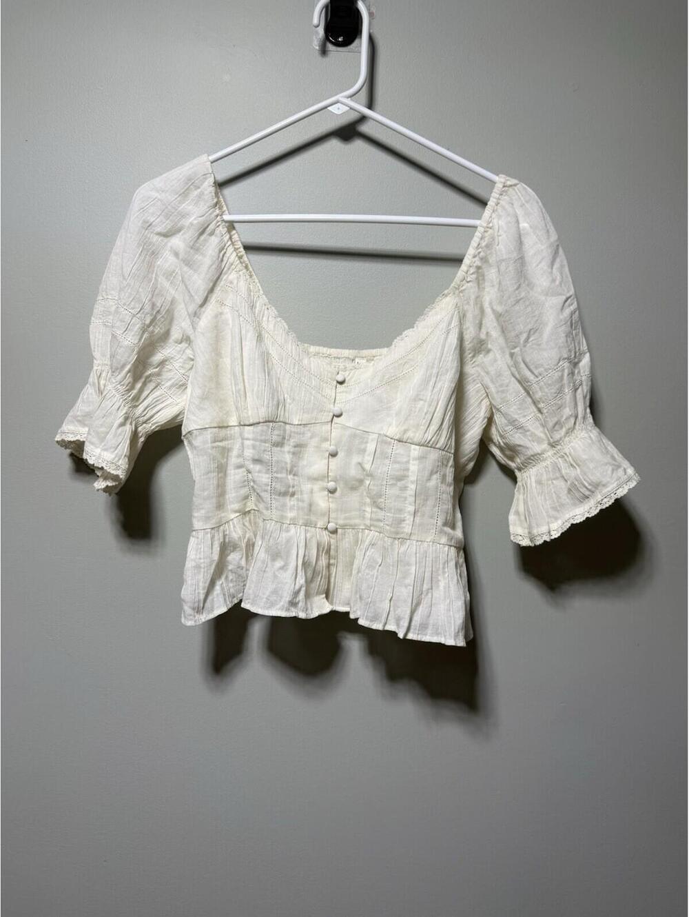 American Eagle Puff Sleeve Pintuck Blouse Crop Peasant Top White S